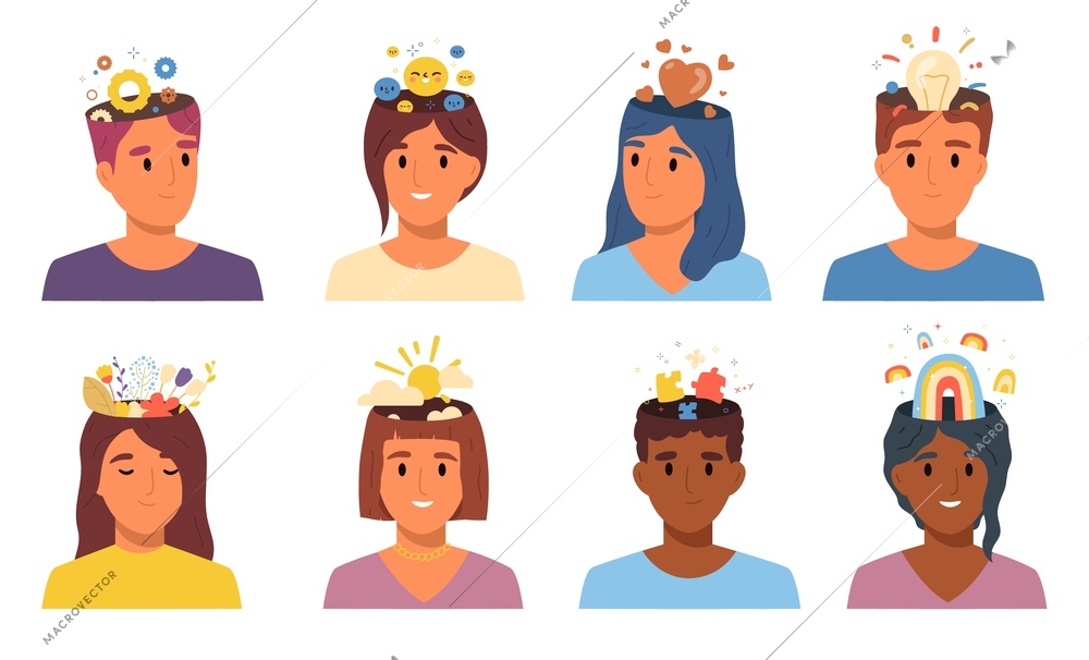 People thinking types flat icon set different kinds of thoughts in head depicted abstractly as figures above peoples heads vector illustration