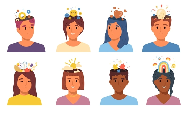 People thinking types flat icon set different kinds of thoughts in head depicted abstractly as figures above peoples heads vector illustration