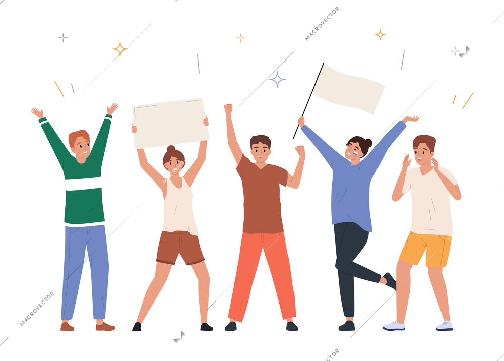 Meeting demonstration people flat concept five young people standing with the white flag and the placard vector illustration