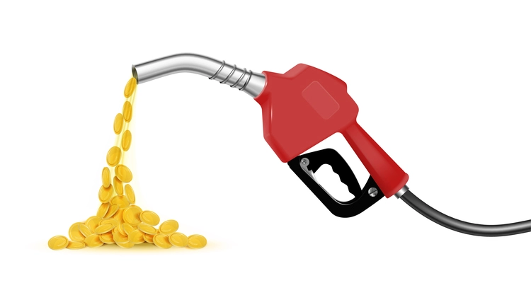 Expensive fuel gas realistic design concept with gold coins spilling out of handle pump nozzle isolated vector illustration
