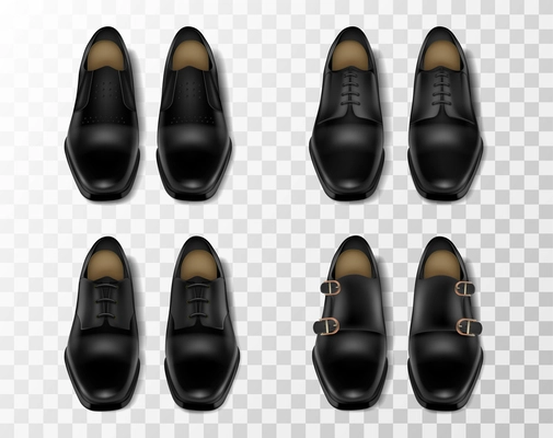 Four realistic pairs of black shiny leather shoes for men isolated at transparent background vector illustration