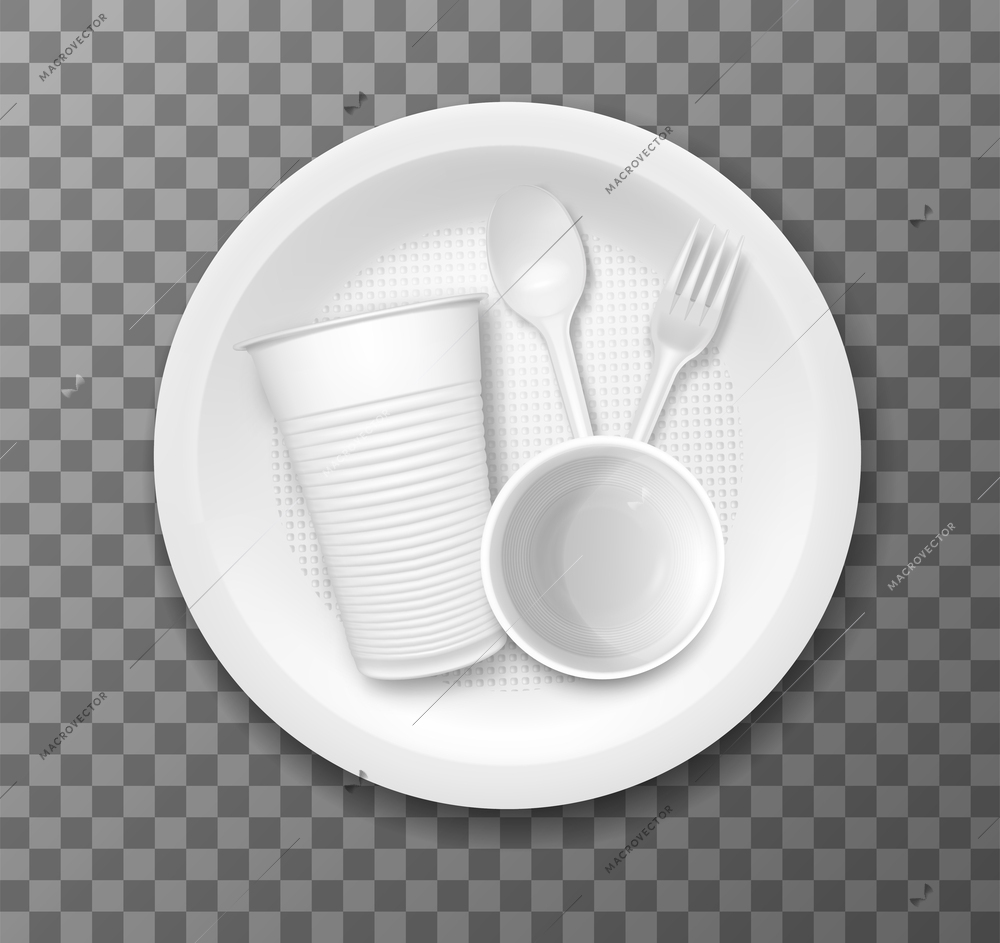 Disposable touristic tableware realistic set with plastic cup fork and spoon in plate at transparent background isolated vector illustration