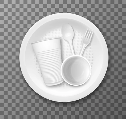 Disposable touristic tableware realistic set with plastic cup fork and spoon in plate at transparent background isolated vector illustration