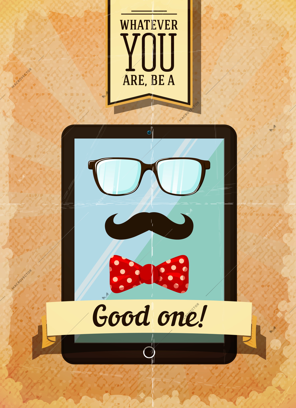 Hipster poster with vintage tablet wearing mustache glasses and bow vector illustration