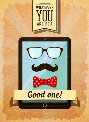 Hipster poster with vintage tablet wearing mustache glasses and bow vector illustration