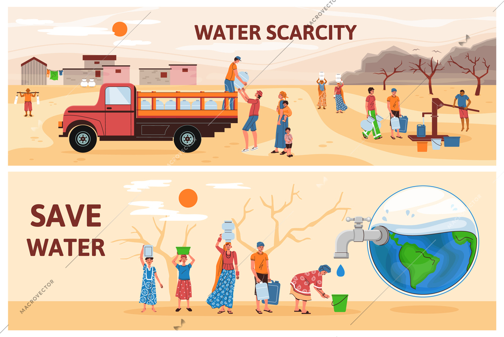 Water scarcity set of two horizontal banners with desert scenery human characters ground drought and text vector illustration