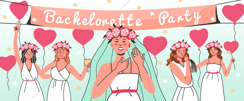 Bachelorette party hen party flat composition with doodle style female characters with balloons and ornate text vector illustration