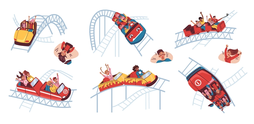 Roller coaster flat set of isolated icons with doodle style people riding festive cars on rails vector illustration