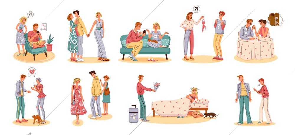 Disrupt in relationship flat set with isolated icons characters of arguing partners involved into conflict situations vector illustration
