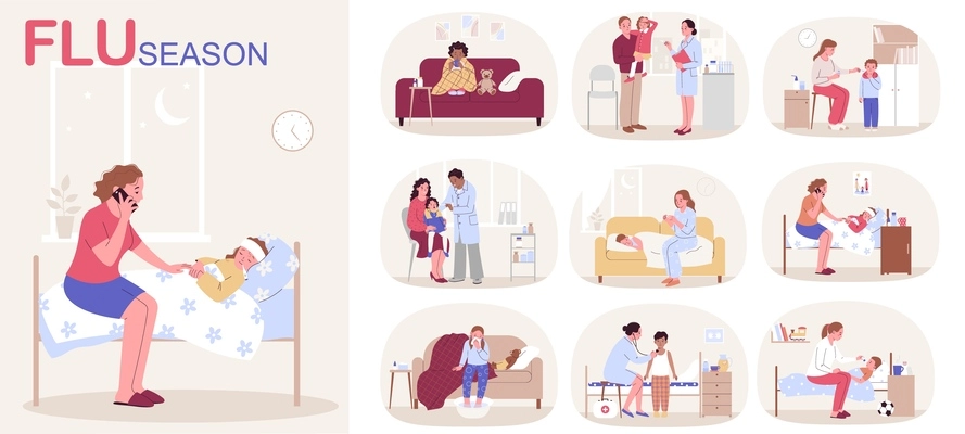 Flu season flat composition set with sick children suffering from various symptoms isolated vector illustration