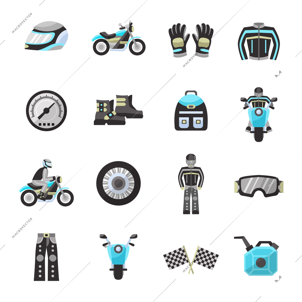 Motor bike rider flat icons set with helmet speedometer wheel isolated vector illustration