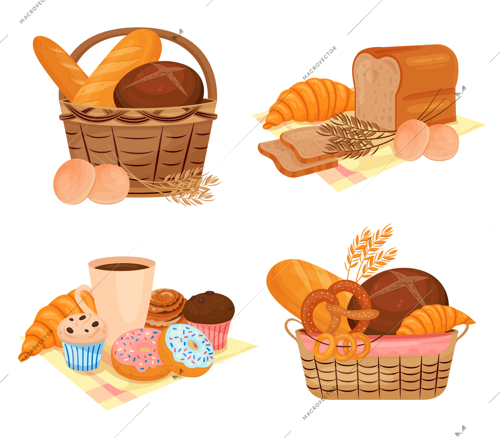 Bakery products flat 2x2 set of isolated compositions with cloth and baskets full of pastry goods vector illustration