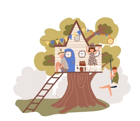 Playing children concept with tree house game symbols flat vector illustration