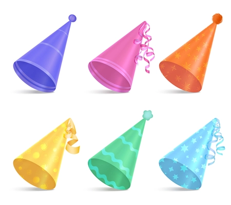 Birthday hats for kids festive party realistic set of colorful clown caps isolated vector illustration