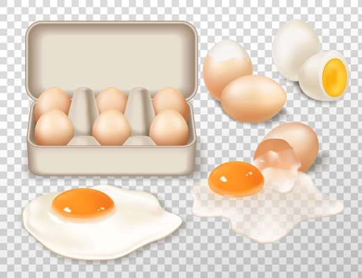 Farm eggs realistic composition consisting of fried boiled and raw eggs at transparent background vector illustration