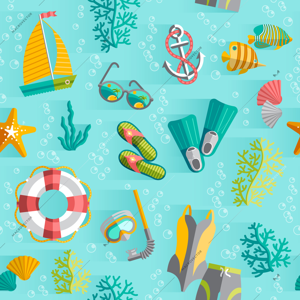 Tropical island vacation souvenir wrap paper seamless pattern with swimming suit and diving snorkel abstract vector illustration