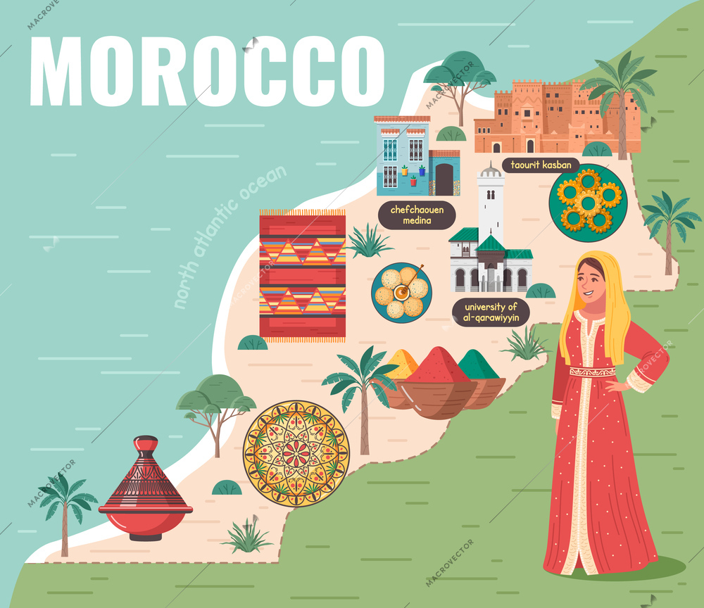 Morocco touristic travel map flat composition of text woman in traditional dress and country map icons vector illustration