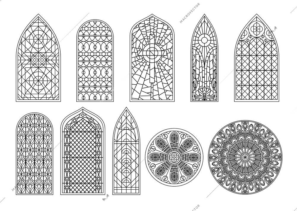 Stained glass mosaic church temple cathedral windows black set with outline icons of ornate window shapes vector illustration