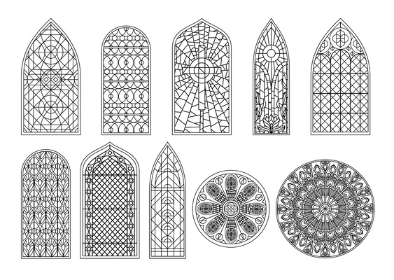 Stained glass mosaic church temple cathedral windows black set with outline icons of ornate window shapes vector illustration