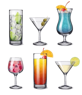 Alcohol drinks cocktails realistic set with isolated front view images of cocktail glasses on blank background vector illustration