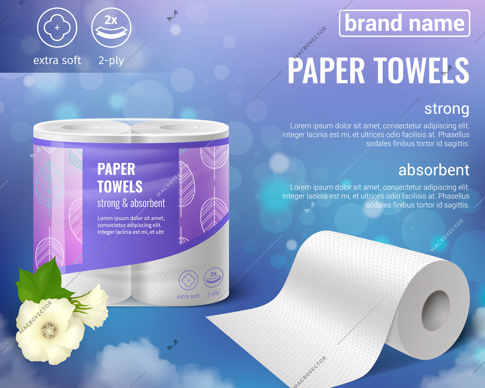 Toilet paper kitchen towels rolls realistic advertising composition with editable brand name text and colorful images vector illustration