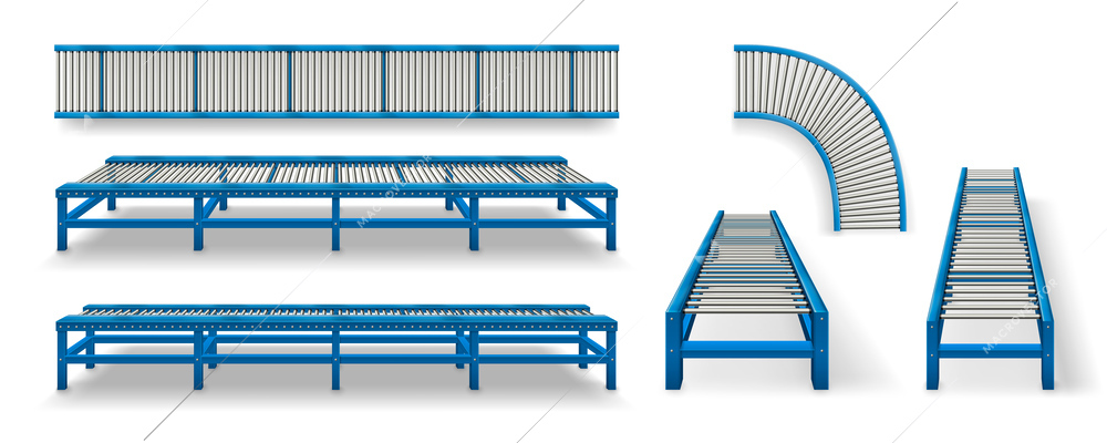 Conveyor belt realistic set of isolated icons with various angle views of industrial moving line system vector illustration