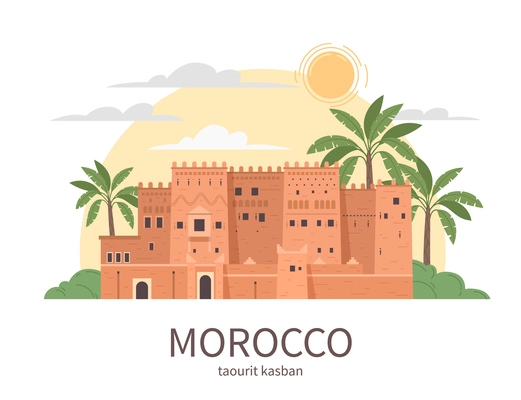 Morocco touristic travel flat composition with front view of ancient fortress with sky palms and text vector illustration