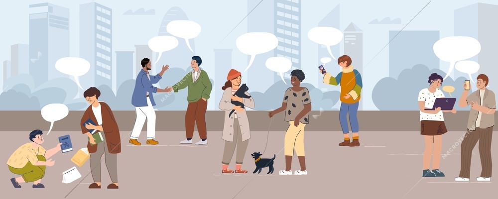 Dialogue people flat composition with outdoor urban scenery and lots of people with empty thought bubbles vector illustration