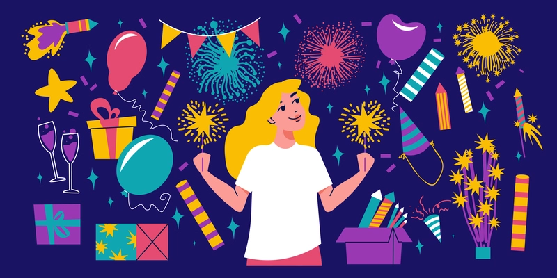 Firework flat items set with happy girl and celebration symbols vector illustration