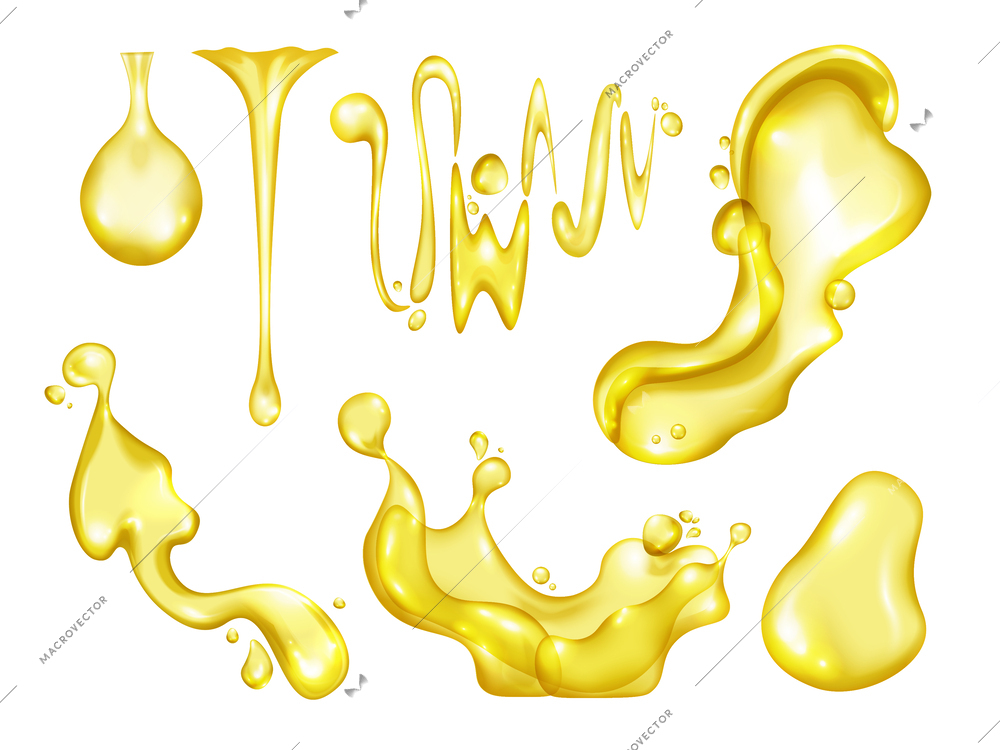 Liquid splash icons realistic set with fruit juice waves swirls and drops isolated vector illustration