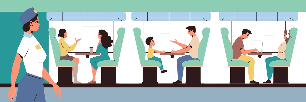 Railway station flat concept with passengers in train interior vector illustration