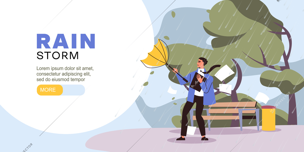 Rain storm flat concept with man holding broken umbrella vector illustration