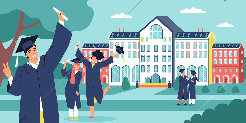 Student flat concept with young men graduation scene with university campus on background vector illustration