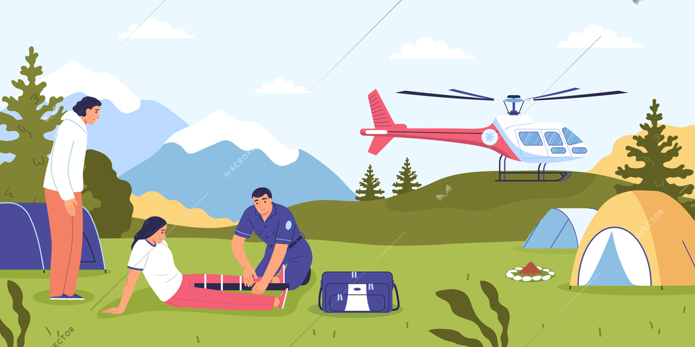 First aid flat concept with rescue team and emergency helicopter vector illustration
