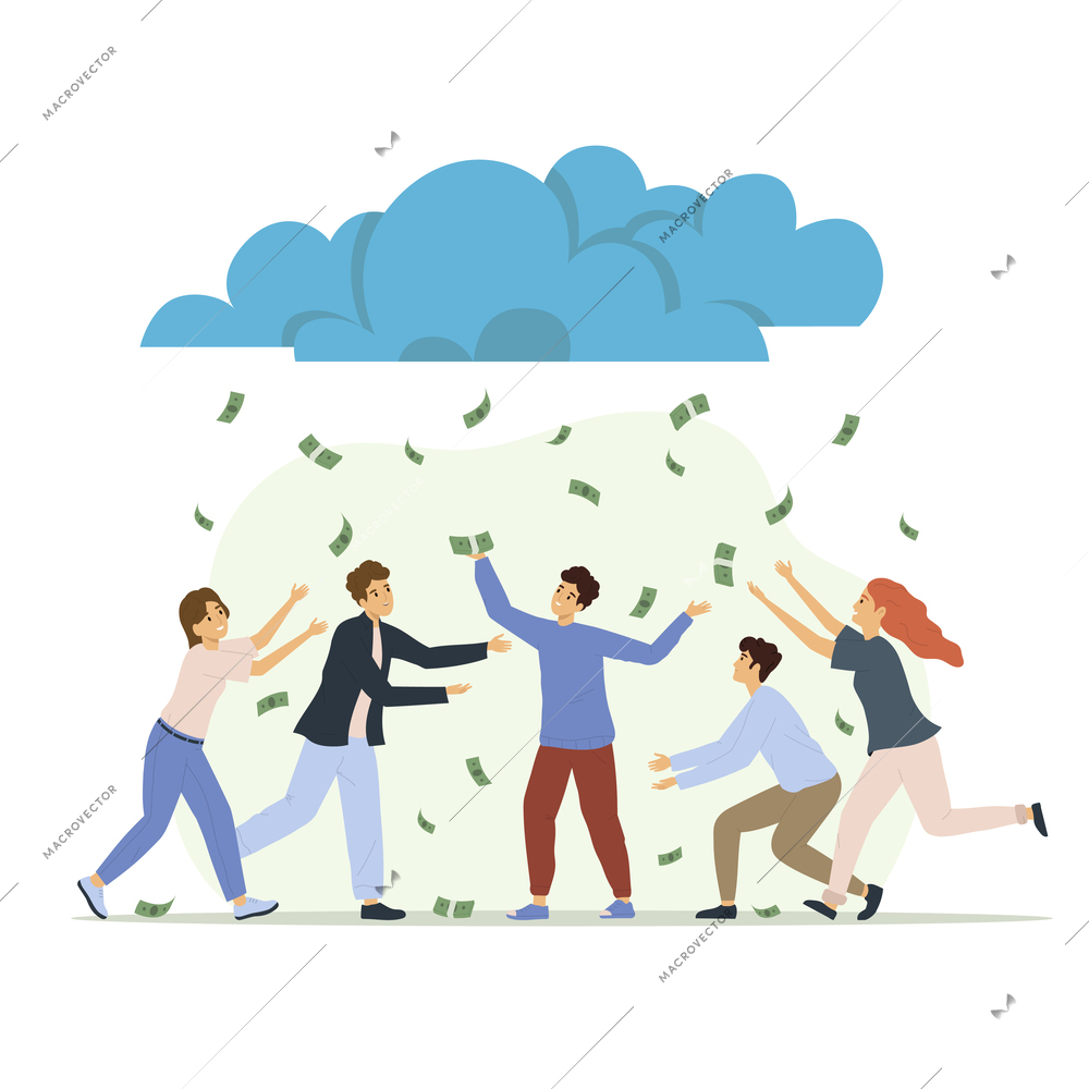 Catching people flat set composition group of people catching banknotes from the sky vector illustration