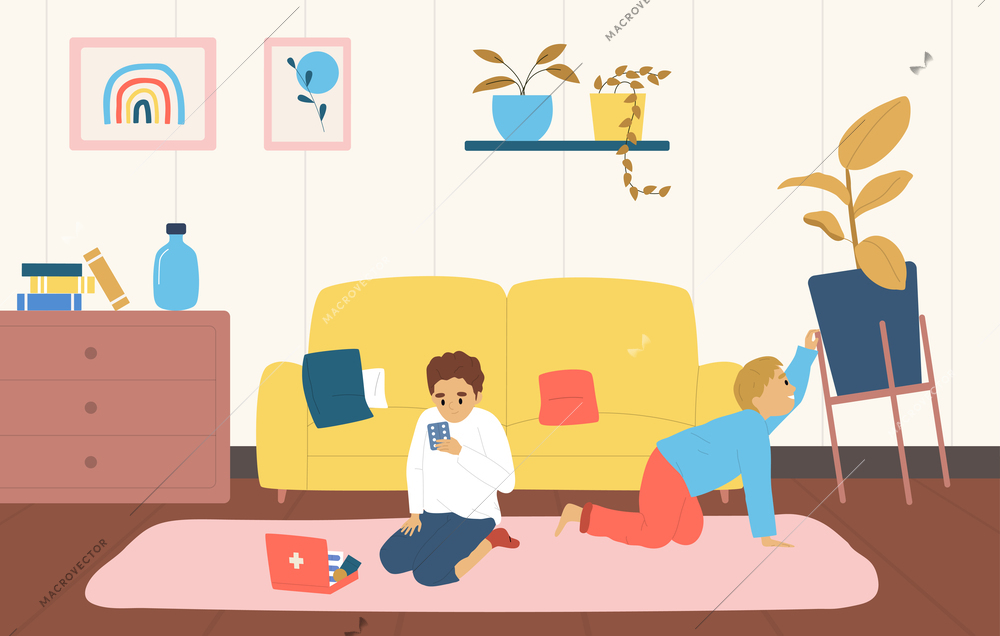 Colored children dangerous situations flat composition two young children sitting in the room doing dangerous things trying to turn over flower pot and playing with medicine vector illustration