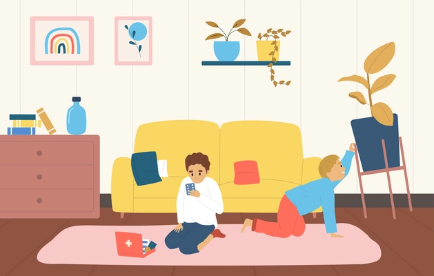 Colored children dangerous situations flat composition two young children sitting in the room doing dangerous things trying to turn over flower pot and playing with medicine vector illustration