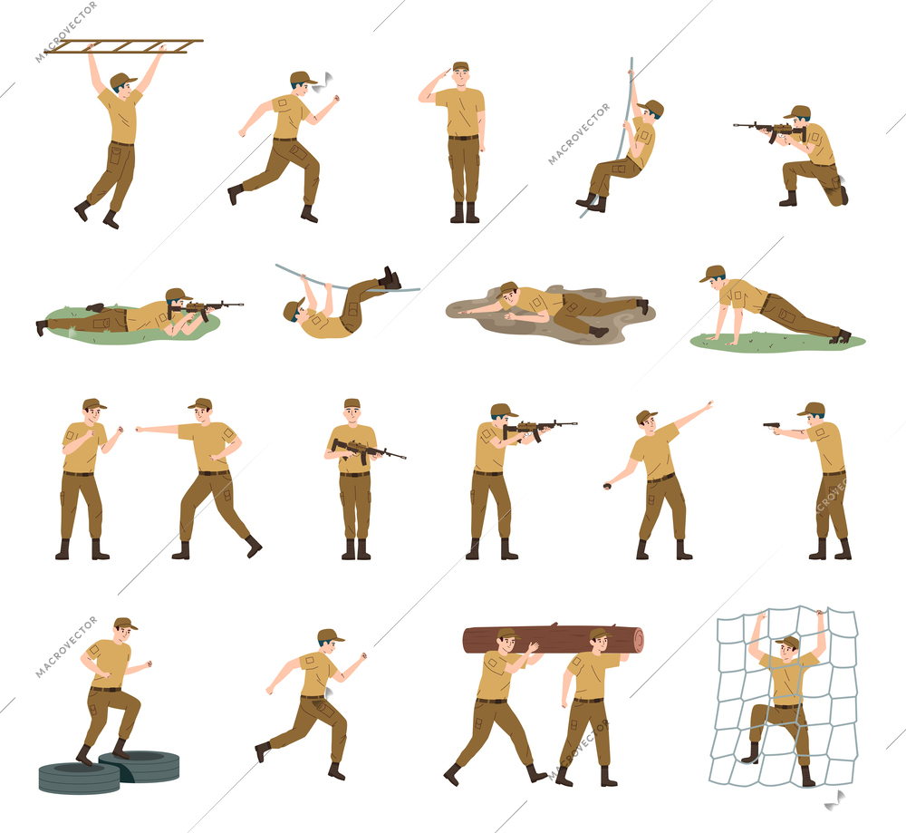Military training flat icon set soldiers do exercises running fighting shooting crawling vector illustration