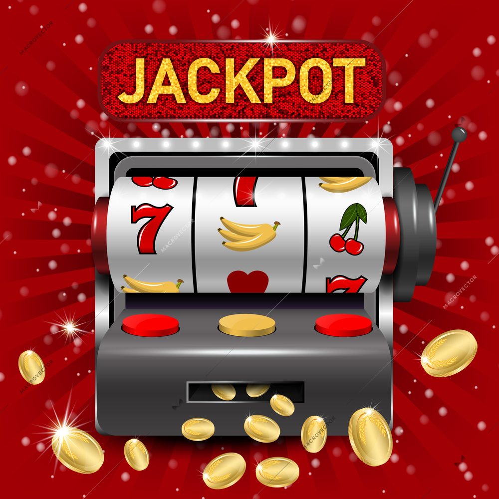 Jackpot realistic background with retro drum slot game machine and scattering gold coins vector illustration