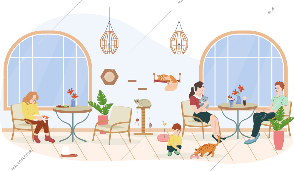 Pet friendly interior composition with cafe and meal symbols flat vector illustration