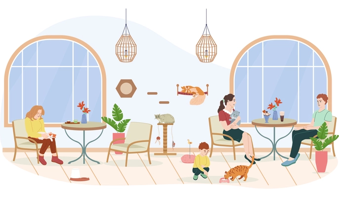 Pet friendly interior composition with cafe and meal symbols flat vector illustration