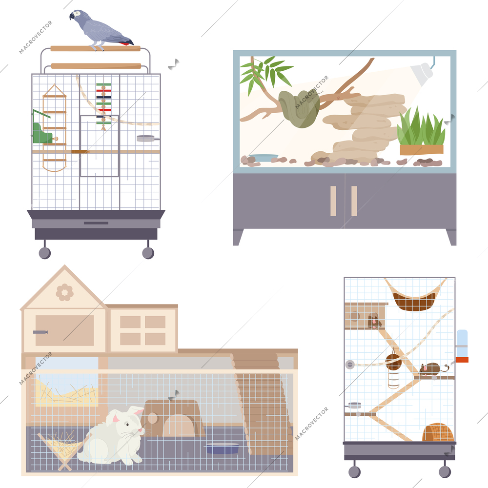 Exotic pets icons set with snake and rabbit flat isolated vector illustration