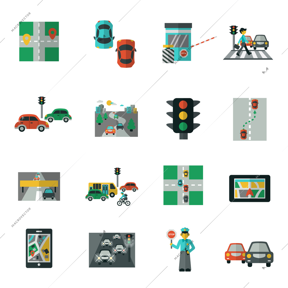 Automobile traffic road transportation icons flat set isolated vector illustration