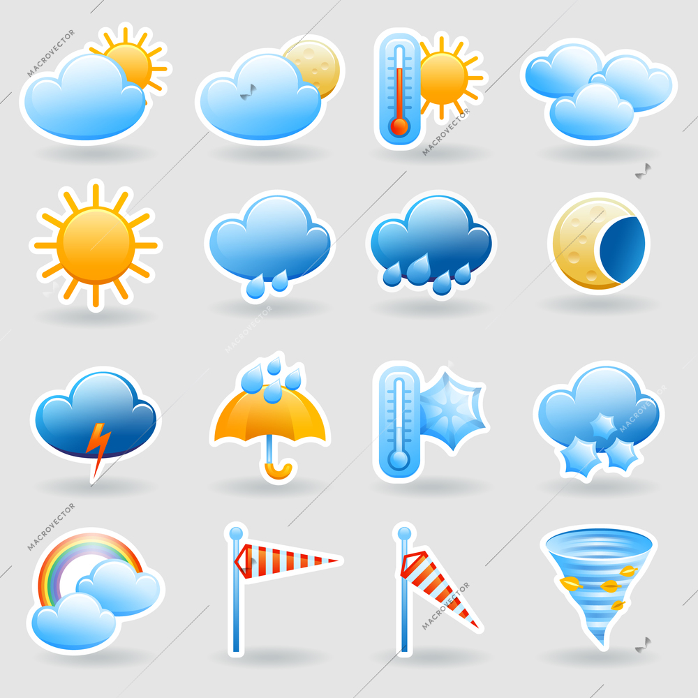 Weather forecast tablet mobile symbols widget icons set with clouds and rainbow abstract flat isolated vector illustration