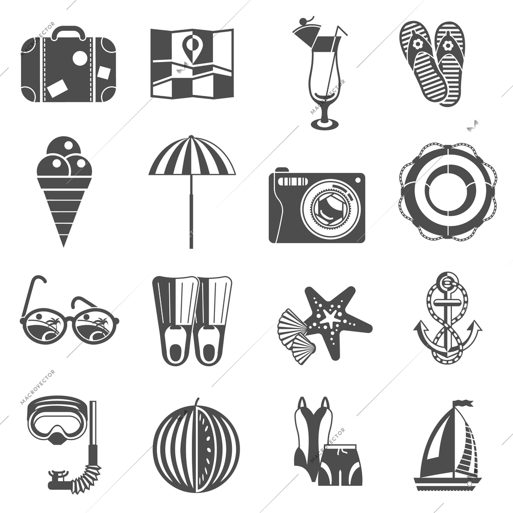 Summer vacation travel black graphic icons set with starfish sailboat anchor and martini abstract isolated  vector illustration