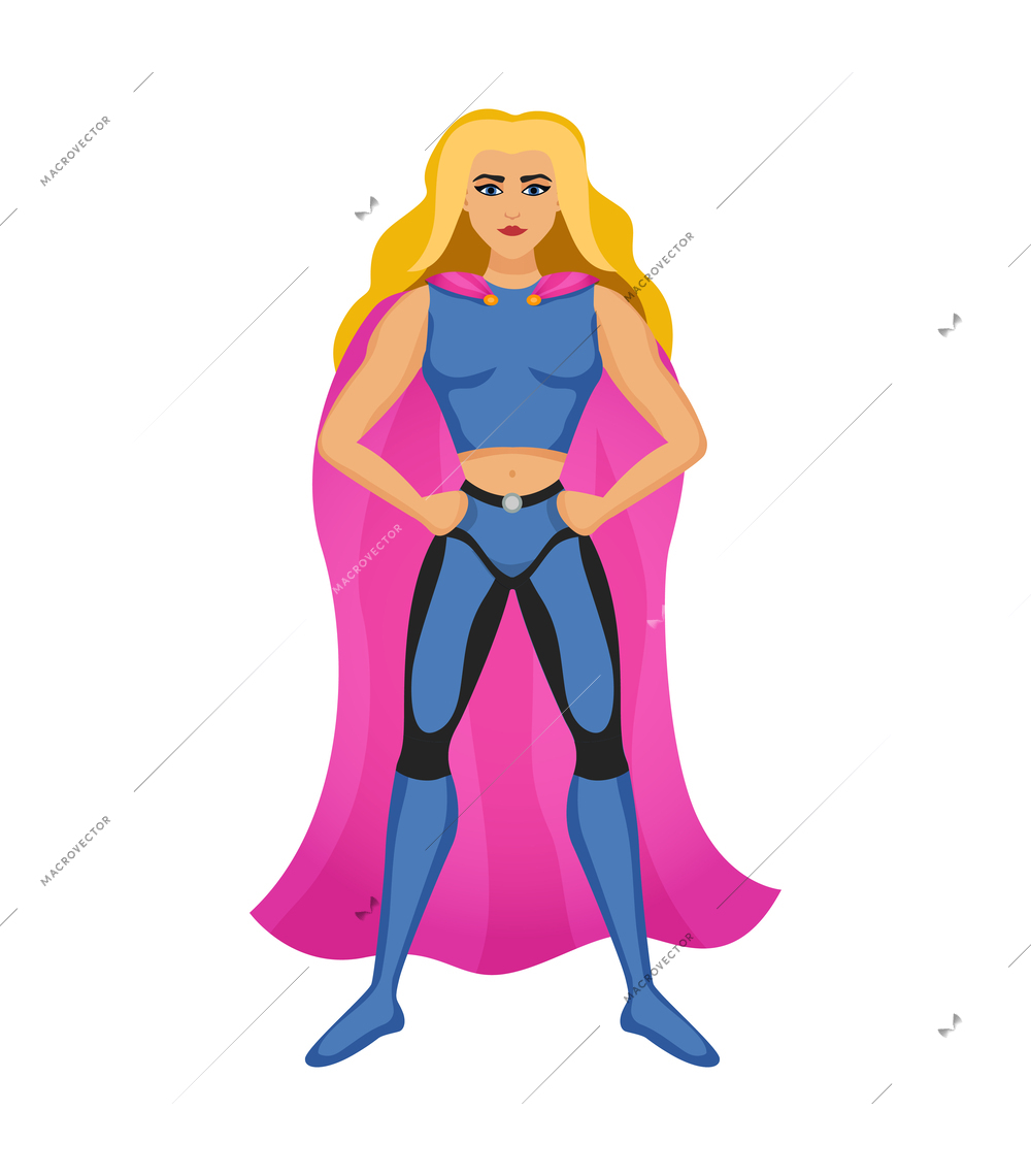 Cartoon female long haired blond superhero character wearing costume with cape vector illustration