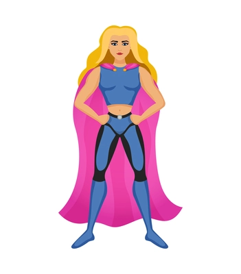 Cartoon female long haired blond superhero character wearing costume with cape vector illustration