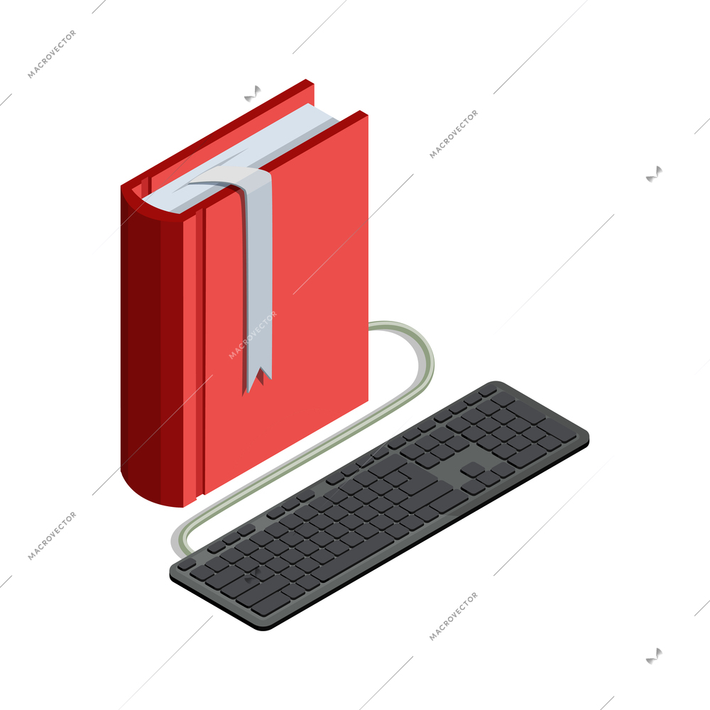 Online education isometric concept icon with keyboard and book vector illustration