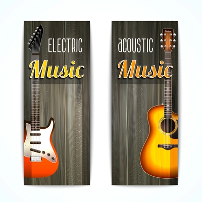 Music vertical banner set with electric and acoustic guitars on wooden background isolated vector illustration