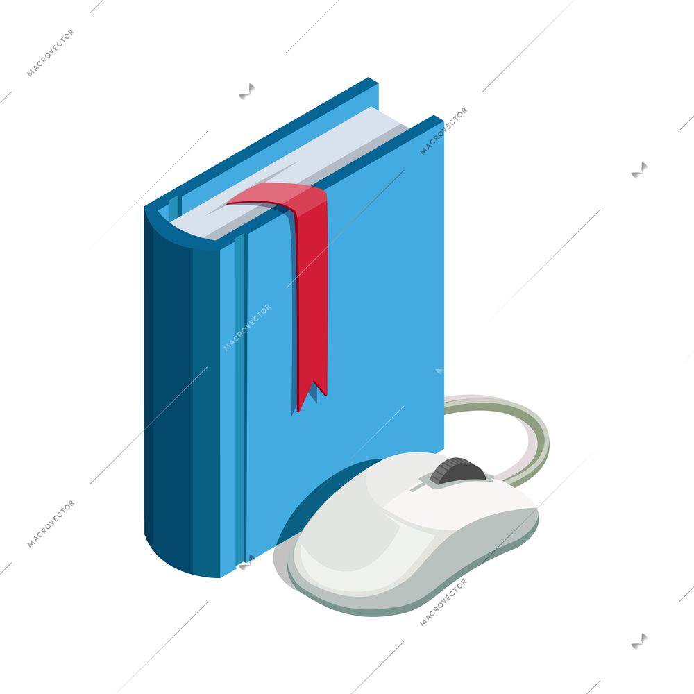 Online education isometric conceptual icon with computer mouse and book 3d vector illustration